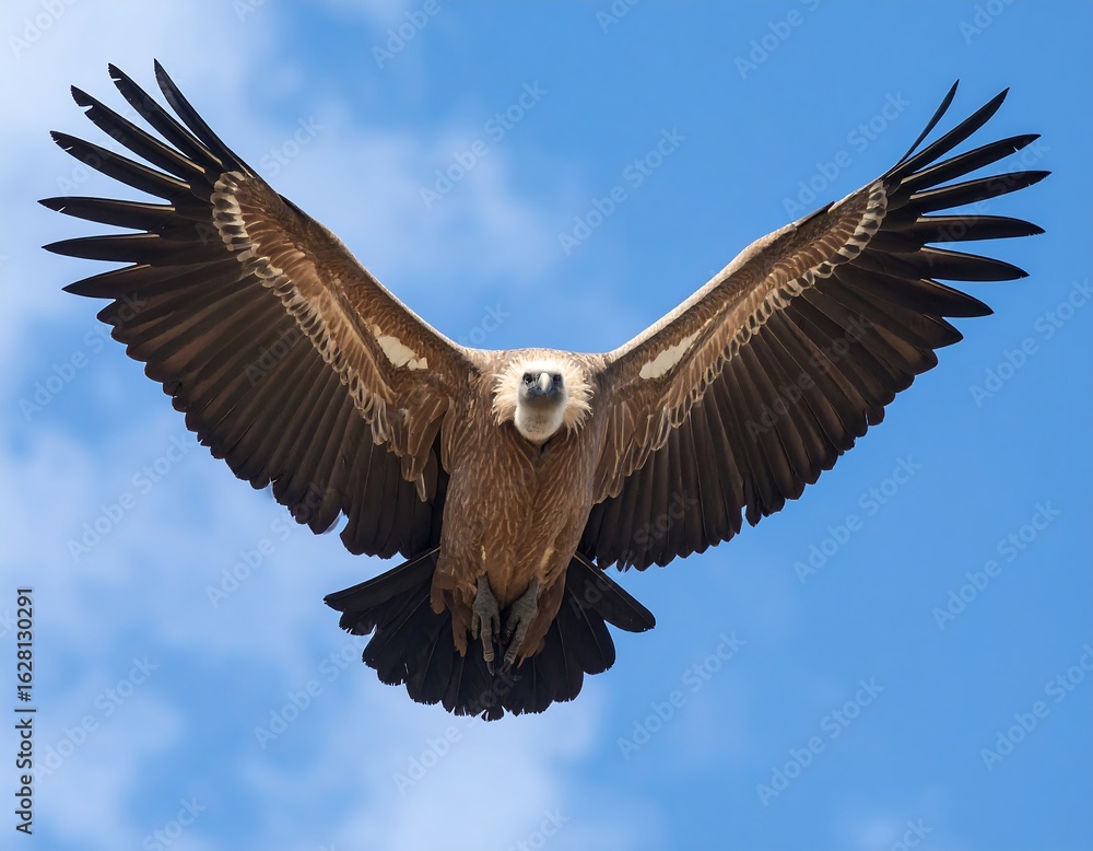 Naklejka premium A large bird of prey, a vulture, soars in the sky. Its wings are wide, outstretched, showcasing its powerful flight.