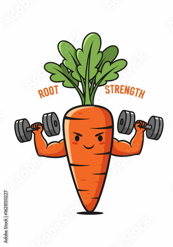 Cartoon carrot lifting dumbbells showing strong biceps and roots strength for healthy living