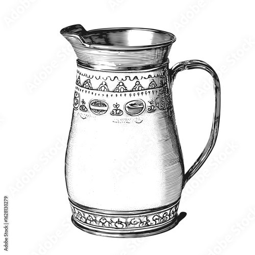 Vintage engraved milk pitcher with intricate design and handle  