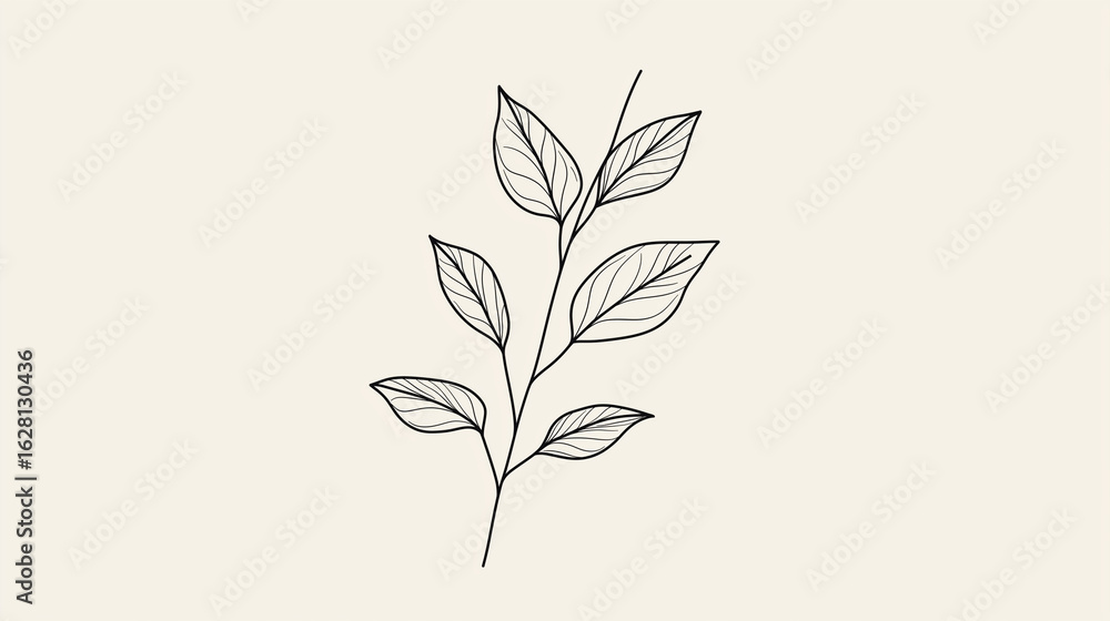 Fototapeta premium A simple line drawing of a plant stem with several leaves on a light background