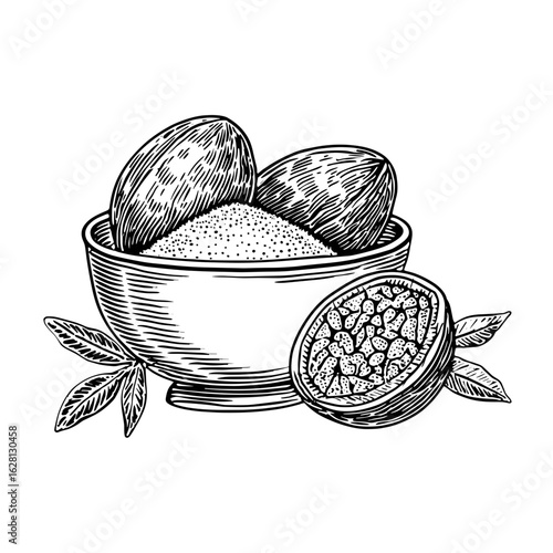 Whole and grated nutmeg in bowl with leaves on white background  