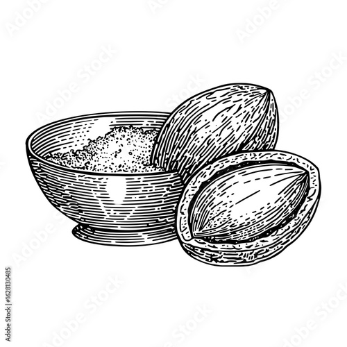 Whole and grated nutmeg in a bowl with shelled nuts  