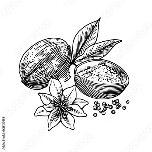 Whole and grated nutmeg with leaves and flower in black and white  
