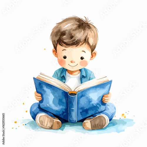 Charming cartoon boy with brown hair sitting cross-legged, happily reading a large blue book in a watercolor style.