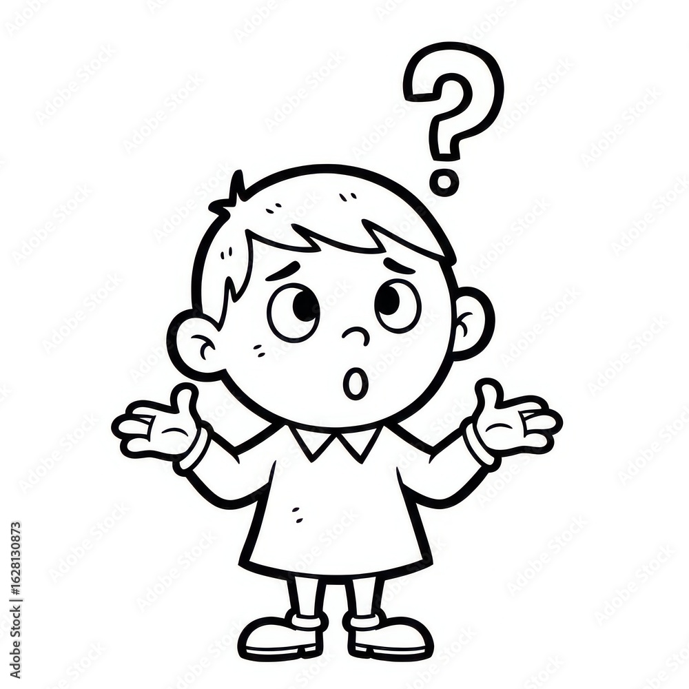 Confused Cartoon Boy Illustration: A Black and White Drawing of a Young Boy with a Question Mark Above His Head, Expressing Uncertainty and Wonder. Confused Cartoon Boy Illustration: A Black and White Drawing of a Young Boy with a Question Mark Above His Head, Expressing Uncertainty and Wonder.