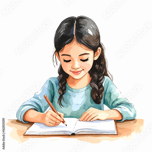 Charming watercolor illustration of a young girl with braided pigtails, smiling while writing in her notebook at a desk.
