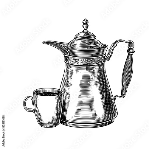 Vintage Turkish coffee pot and cup in black and white illustration  