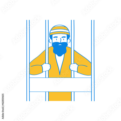 Jail. Man in prison behind bars isolated on transparent background.