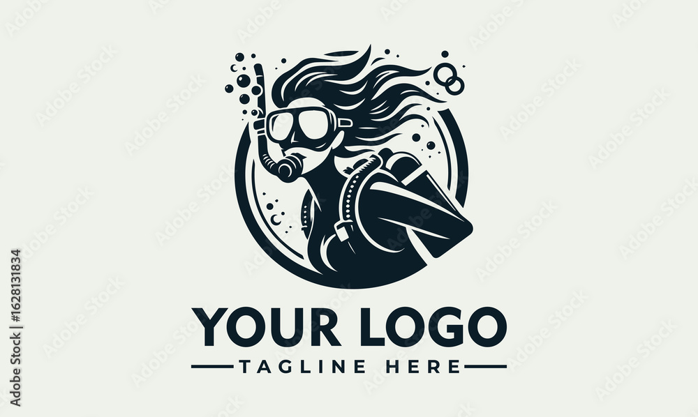 Fototapeta premium Vintage logo design of a female scuba diver in a circular graphic.