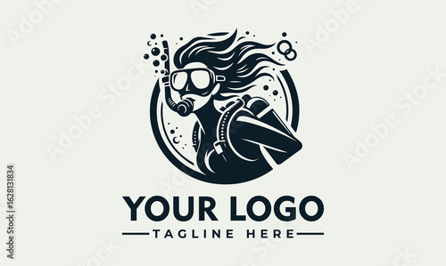 Vintage logo design of a female scuba diver in a circular graphic.