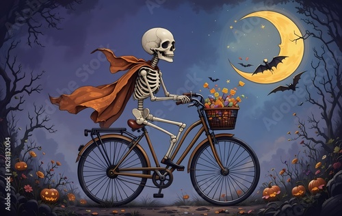 Halloween Skeleton Bicyclist with a Basket of Candy under a Crescent Moon