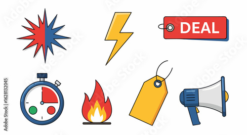Collection of icons representing sales and promotions including a deal tag a lightning bolt a stopwatch a fire a megaphone and a price tag