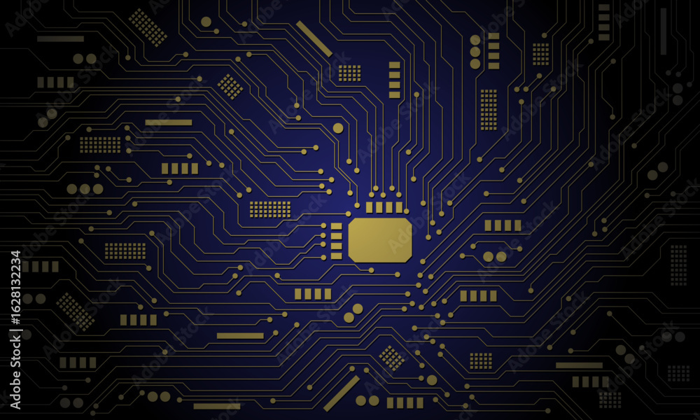 Obraz premium Abstract gold circuit board technology connected lines electronics elements computer motherboard chip processor semiconductor digital on blue background vector
