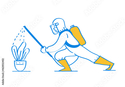 Disinfectors. Gardener in protective suit spraying plant isolated on transparent background.