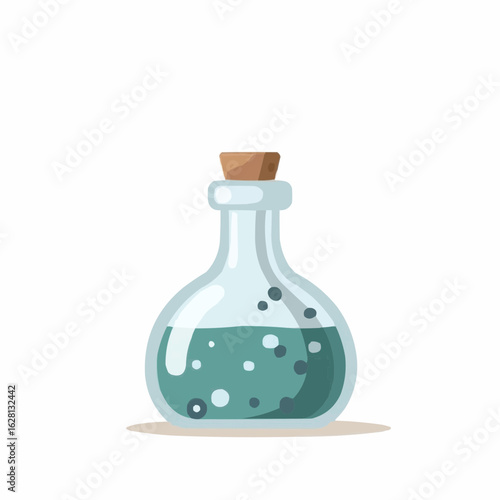 Glass bottle with teal liquid and cork stopper on white background  