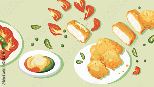 Overhead view of plates with fried food, tomato slices, and green vegetables on a light green table