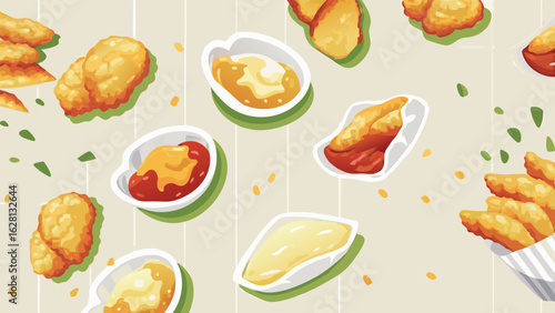 Overhead shot of golden fried food items and dipping sauces arranged on a striped tablecloth design
