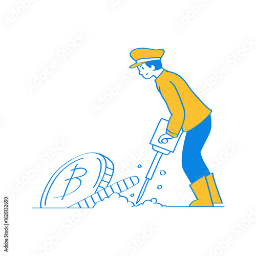 Cryptocurrency Mining. Man using jackhammer to mine bitcoin coin isolated on transparent background.