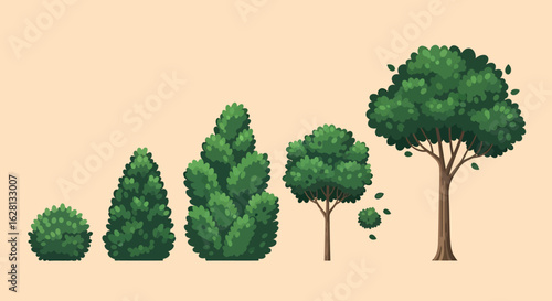 Stylized pixel art collection of five different green trees and bushes in various shapes and sizes