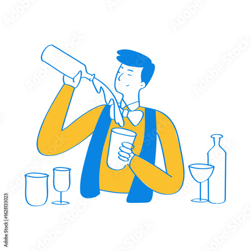 Bartender. Bartender pouring a drink into a glass with bottles and glasses isolated on transparent background.