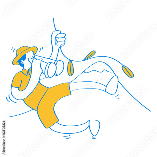 Adventurer. Adventurous explorer with binoculars on a zipline isolated on transparent background.
