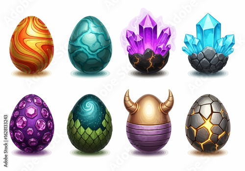 Collection of fantasy creature eggs each with unique magical designs and textures