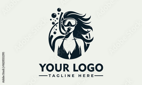 A woman wearing a diving mask and snorkel, surrounded by bubbles, in a circular logo design.