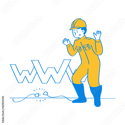 Website Down. Worker in yellow jumpsuit and hard hat startled by broken electrical wire isolated on transparent background.