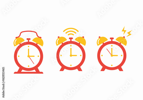 Three red and yellow retro alarm clocks showing different times with ringing and buzzing signals