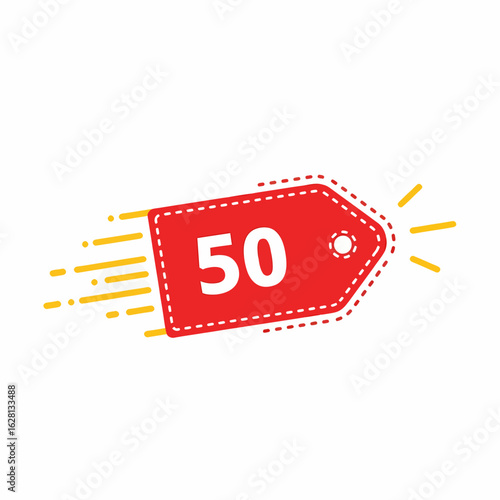 Red tag with number fifty and speed lines on white background