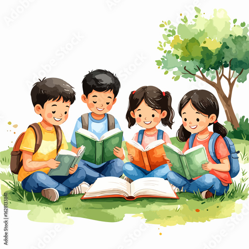 Four happy cartoon children with backpacks sitting cross-legged on the grass, engrossed in reading books.