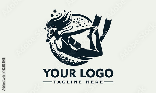 A stylized logo featuring a female scuba diver gracefully submerged, encircled by bubbles, representing underwater exploration and adventure.