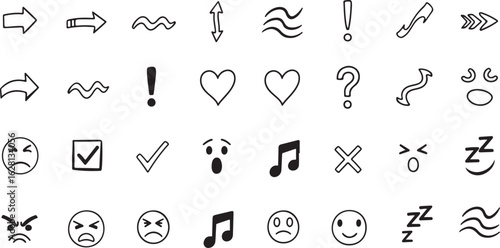 Collection of hand drawn doodle icons and symbols isolated on transparent background