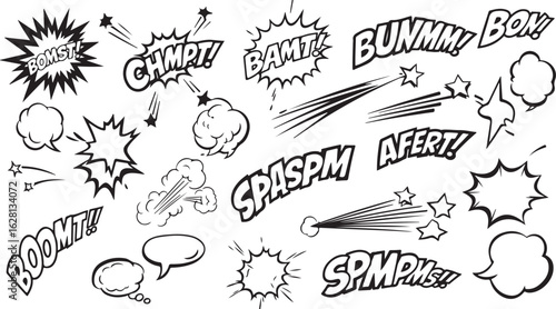 Collection of comic book speech bubbles and sound effects isolated on transparent background