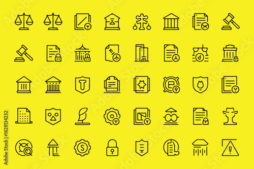 Collection of Legal and Regulatory Compliance Icons Depicting Justice System, Safety, Document Controls, Security, and Governmental Regulations Enforcement