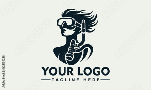 Stylish Black Vector of Female Scuba Diver in Circular Emblem