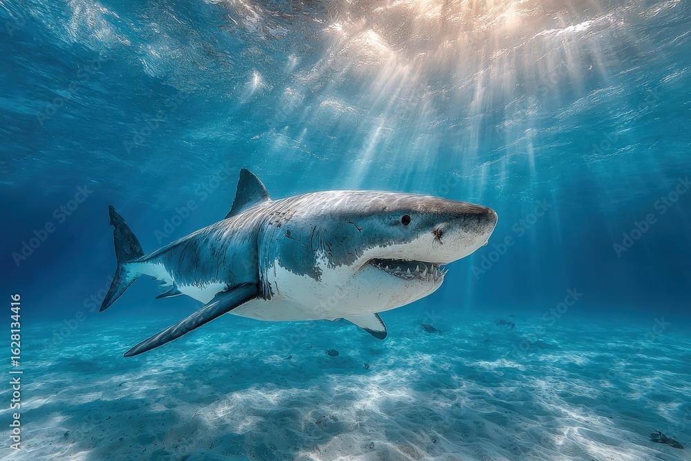 Naklejka premium Great White Shark Underwater in Sunlit Ocean Water