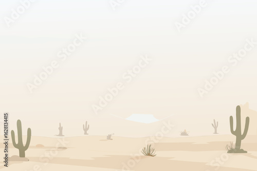 A minimalist desert landscape with saguaro cacti dry brush and distant mountains under a hazy sky