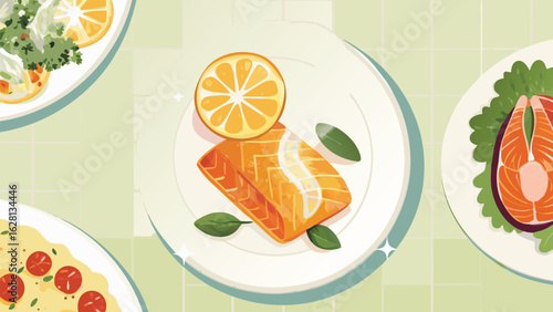 Illustration of various dishes including salmon with orange slice and pasta with tomatoes on plates