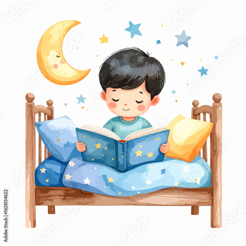 Cute cartoon boy with black hair reading a starry book in bed under a smiling crescent moon.