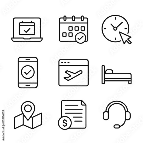 Online booking vector icons. Outline symbols. Line design