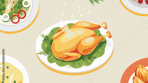 Roasted chicken on a platter surrounded by plates of various dishes for a festive meal setting