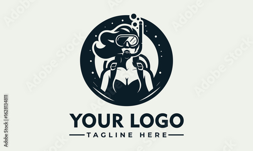 Stylish Black Vector of Female Scuba Diver in Circular Emblem