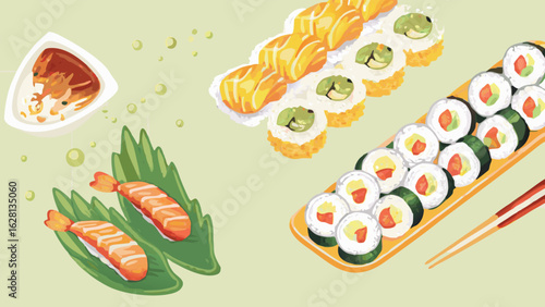 Illustration of various sushi types including nigiri maki and rolls with soy sauce and chopsticks on light green