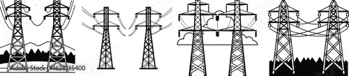 High Voltage Transmission Tower Vector Set. Electric Power Line Pylon Silhouette Collection.