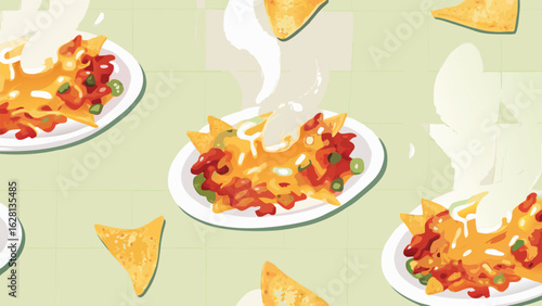 Illustration of multiple plates of nachos with cheese and toppings on a light green background