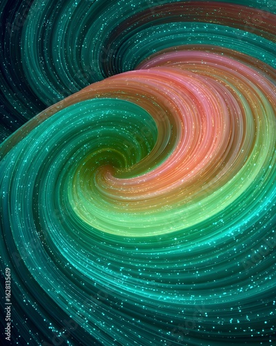 Colorful swirling abstract design representing cosmic movement with vibrant hues and sparkling effects