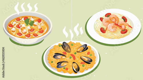 Illustration of three plates of seafood dishes including soup, pasta, and paella on a light green table