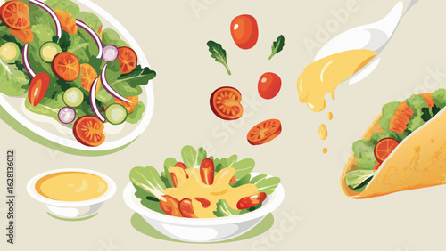 Illustration of a salad bowl, a taco, and a bowl of dressing with ingredients floating around it