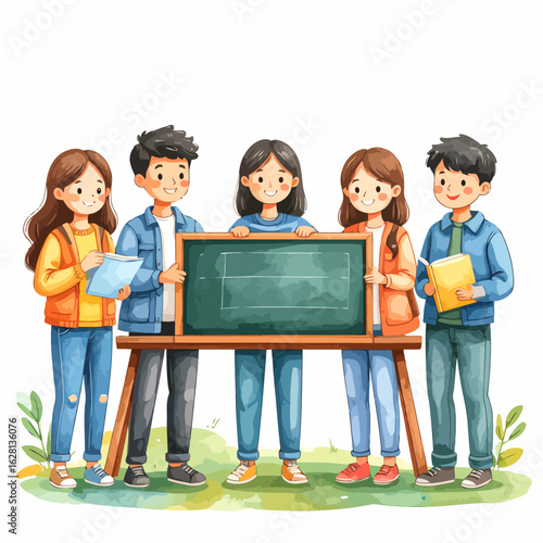 A group of five happy teenage students in casual attire presenting a blank chalkboard.